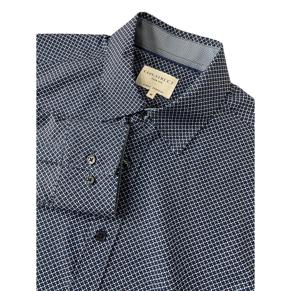 Con.Struct Shirt Slim Fit‎ 4 Way Stretch Button Down Mens Medium Geometric Blue